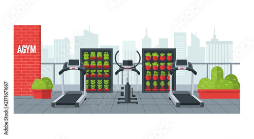 Modern Rooftop Gym Illustration with Vertical Gardens and City View