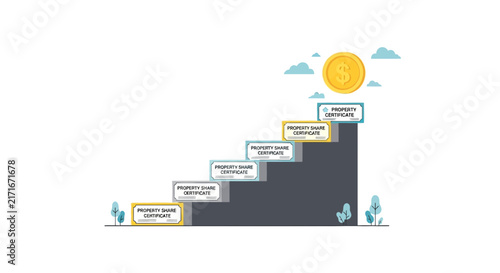 Real Estate Investment Growth Concept with Property Share Certificates on Steps Leading to Gold Dollar Coin
