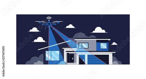 Smart Drone Security Surveillance Scanning Modern House at Night Illustration