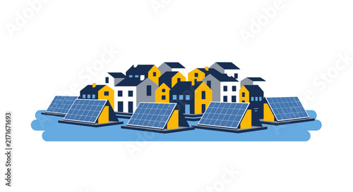 Floating Eco-Village Illustration with Solar Panels and Sustainable Waterfront Housing