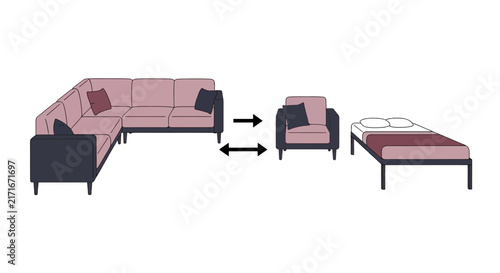 Modular Furniture Illustration Showing Transformation From Sectional Sofa to Armchair and Bed
