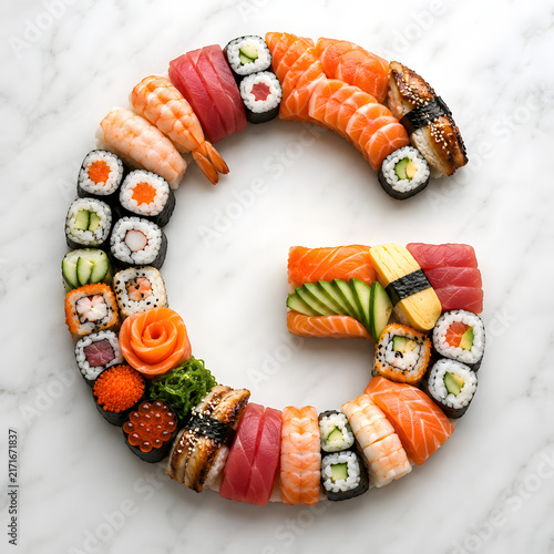 Creative letter C arranged from colorful sushi, sashimi, nigiri, maki rolls, and fresh Japanese seafood on marble.