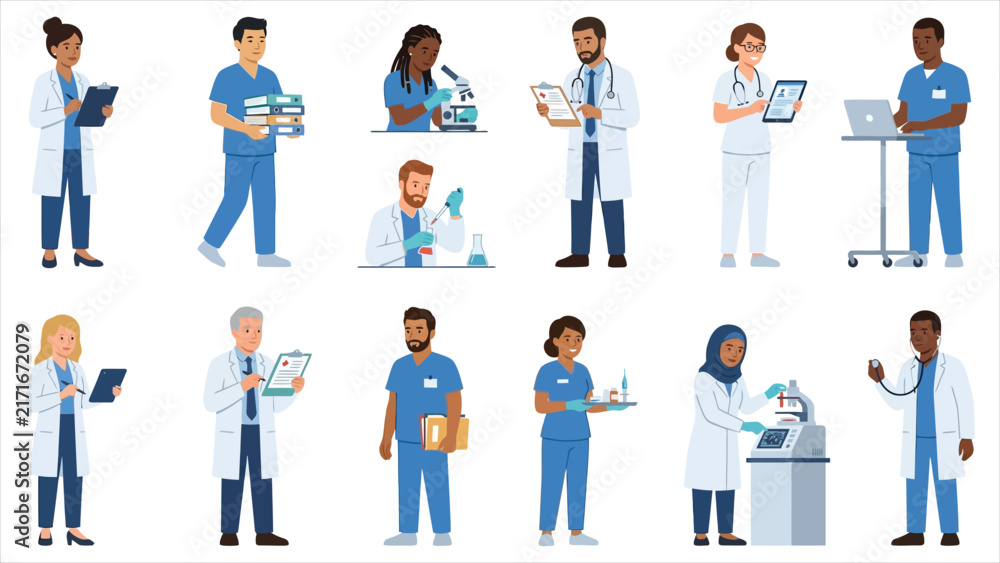 Fototapeta premium Medical Staff and Healthcare Professionals Flat Illustration Character Set
