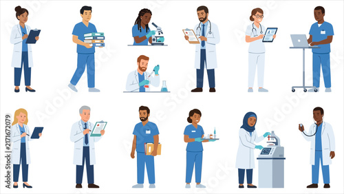Medical Staff and Healthcare Professionals Flat Illustration Character Set