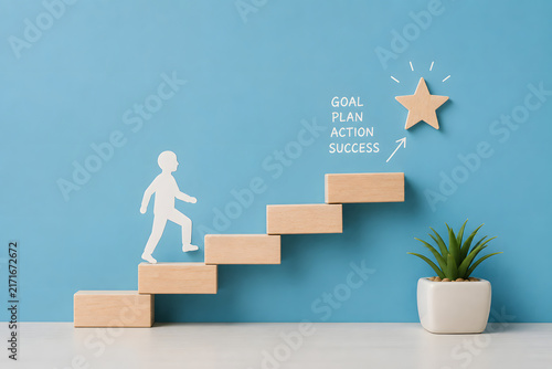 A human figure climbs wooden block steps toward a star, illustrating goal setting, action, progress, achievement, and personal success.