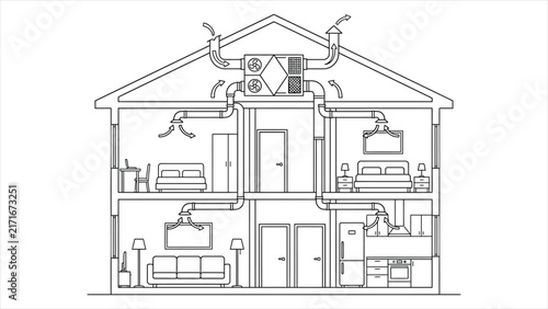 Residential HVAC Ventilation System Cross Section Diagram – Minimalist Line Art House with Central Heating, Cooling Air Ducts, and Heat Recovery Unit.