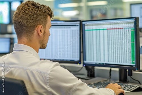 Office worker with two monitors analyzing excel spreadsheet data at desk