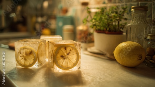 Three illuminated ice cubes, each encasing a lemon slice, sit on a light kitchen counter, creating a refreshing and inviting culinary scene.