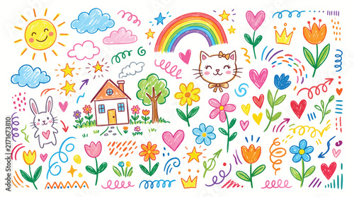 Children school, kindergarten vector doodle set. Cute daycare hand drawn flower, toy, animal elements. Childish cute preschool activity, education doodle background. Vector illustration.