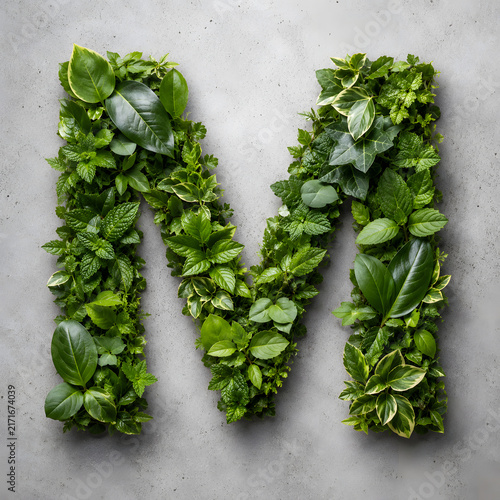 Lush green leaves and foliage arranged into the letter M, symbolizing nature, ecology, growth and organic environmental concepts.