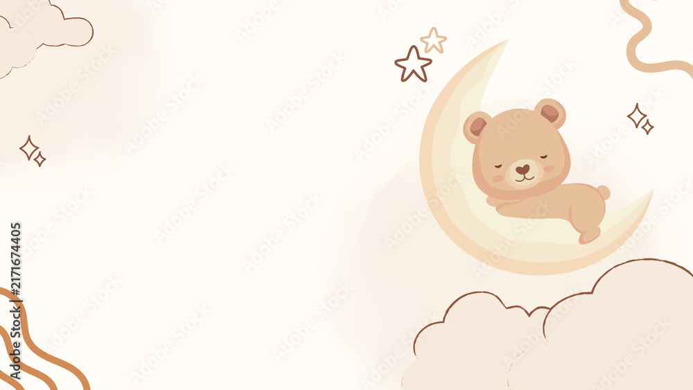 Fototapeta premium Cute sleeping teddy bear on crescent moon background presentation for nursery
