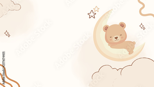 Canvastavla Cute sleeping teddy bear on crescent moon background presentation for nursery