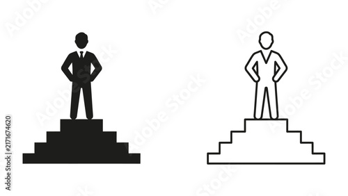 Foto Leadership Icons: Silhouetted figures stand confidently at the top of a tiered platform, representing leadership, success, and achievement