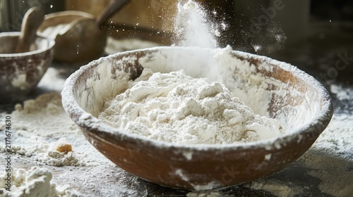 A rustic ceramic bowl brimming with white flour and partially mixed dough sits on a heavily dusted wooden surface, indicating an active and possibly messy baking session in progress.