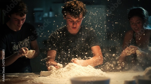Young friends enthusiastically engage in a joyful baking activity, kneading dough together on a rustic wooden table with flour dramatically scattering into the air, symbolizing shared experiences.
