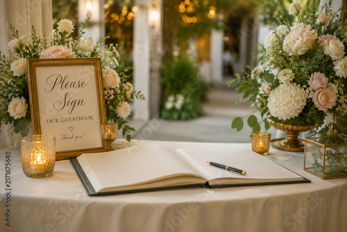 Elegant wedding guestbook table with floral arrangements and soft romantic lighting.