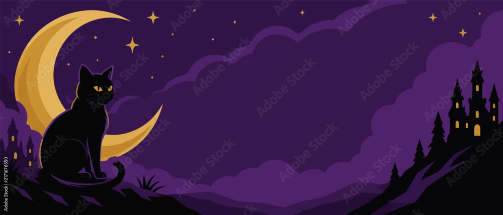 Fototapeta premium Black cat sitting in front of a crescent moon with a spooky castle background.