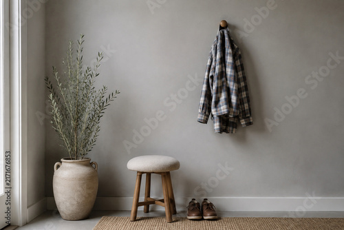 Gray backdrop, portrait stool, plaid shirt on peg, school picture day setup