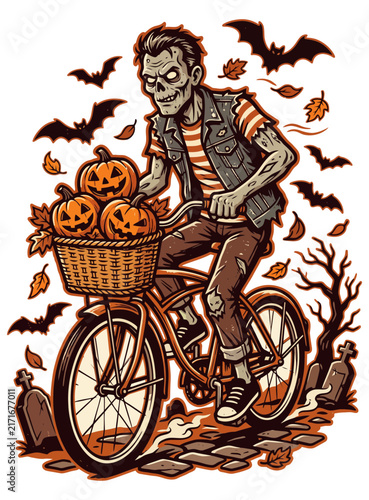 Vintage Zombie Biker Riding Bicycle through Graveyard