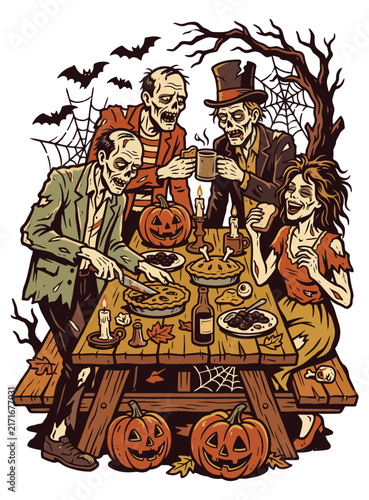 Vintage Zombies Eating Pie at Wooden Picnic Table