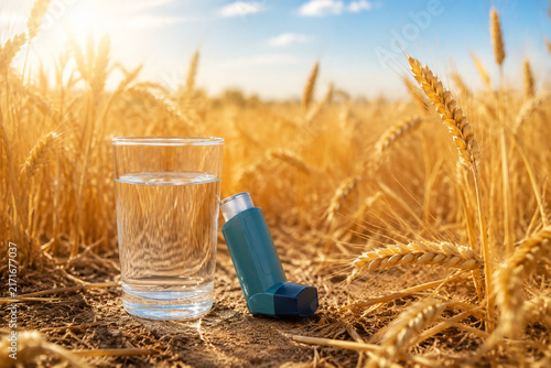 A field of golden wheat with a glass of water and an inhaler resting on the ground.