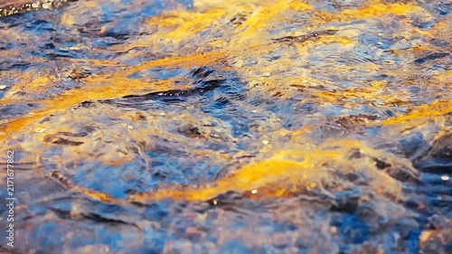 Golden sunlight reflecting on rippling water surface of a fast flowing river in autumn season. Elegant abstract natural background footage for cinematic and artistic visual projects.