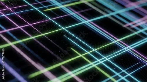 Abstract vibrant glowing grid pattern overlay on dark surface, digital network lines creating a futuristic visual effect, perfect for technology presentations and abstract backgrounds
