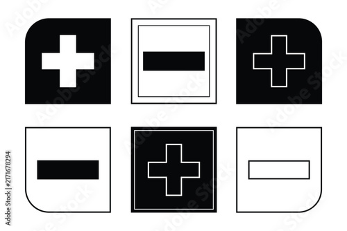 Canvastavla Plus, minus, add and subtract icon set in glyph and outline style in square