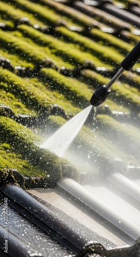 Powerful water stream from a high pressure washer removes thick green moss from a roof surface, creating mist and tiny floating droplets, jet, maintenance, restoration
