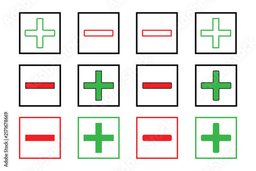 Фотография Collection of green and red math operators featuring plus and minus signs displayed in outline square