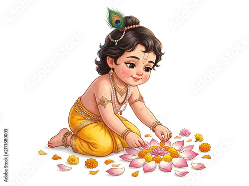 Little Krishna Kneeling Among Colorful Flower Petals in Traditional Attire
