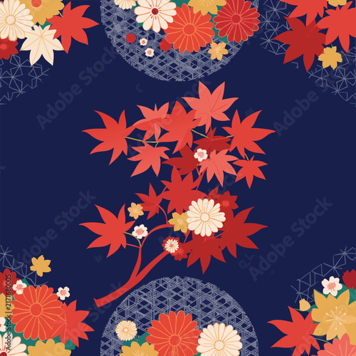 seamless pattern with autumn leaves,  autumn maple leaf and chrysanthemum background vector. Colorful red foliage, floral motifs and traditional geometric patterns on dark blue for fabric,
