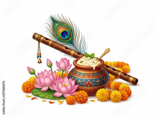 Krishna Butter Pot With Flute, Peacock Feather, Lotus Flowers and Marigold Decoration