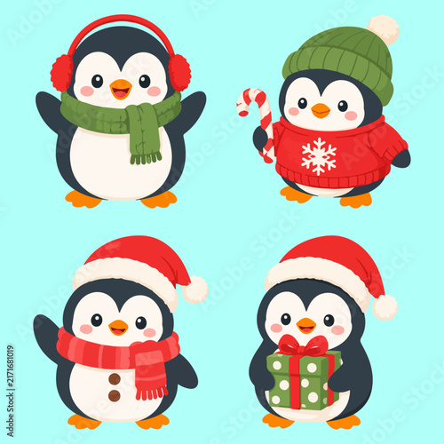 Set of cute cartoon penguin characters wearing festive Christmas outfits and winter accessories