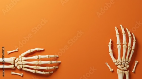 Skeleton hands with scattered bones against a vibrant orange background during Halloween
