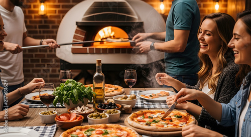 Friends share a vibrant pizza dinner gathering around a traditional wood fired brick oven at home.