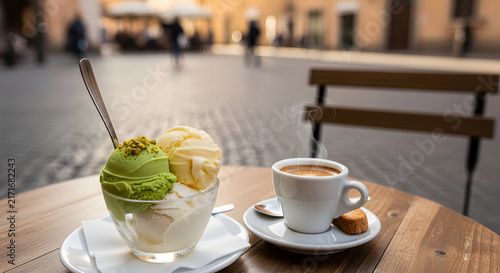 Gelato bowl and hot coffee sit on an outdoor cafe table in a bustling European city square.