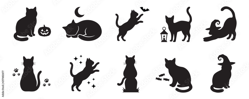 Obraz premium Halloween cat silhouette vector set with cats, pumpkins, bats, moon, lantern, candy, stars, and witch hat elements, isolated on a white background.