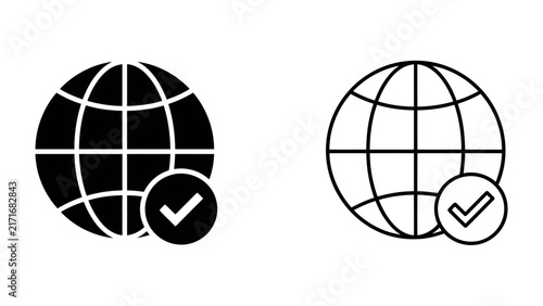 Globe with Checkmark Icons: Two stylized globes, one filled and one outlined, each paired with a checkmark symbol, representing global approval, confirmation, or a verified internet connection.