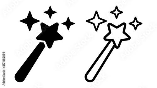 Fotografie Magic Wand with Stars: Two stylized representations of a magic wand, one solid black and the other outlined, both emitting sparkling stars, symbolizing enchantment and wonder