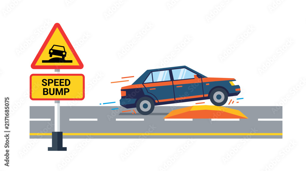 Naklejka premium Speed bump warning sign illustration featuring a dark blue sedan vehicle driving over a raised orange road obstacle with motion lines in a flat vector graphic style for traffic safety