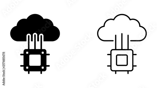 Cloud Computing Chip Icons: Two stylized icons representing cloud computing, one black and one outlined, feature a cloud connected to a microchip, symbolizing data processing and digital technology.