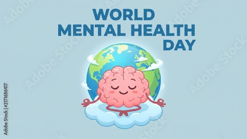 Cartoon Brain Meditating In Lotus Position For World Mental Health Day