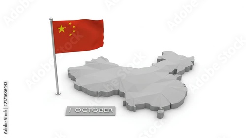 China map and national flag waving with October 1 text for national day