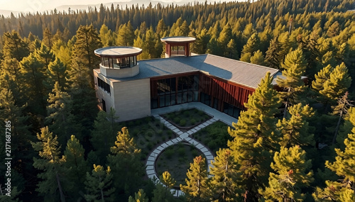Modern luxury forest residence with circular observation towers surrounded by dense pine trees
