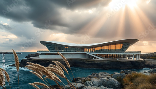 Modern coastal glass resort with sweeping roof on rocky peninsula under dramatic sunbeams