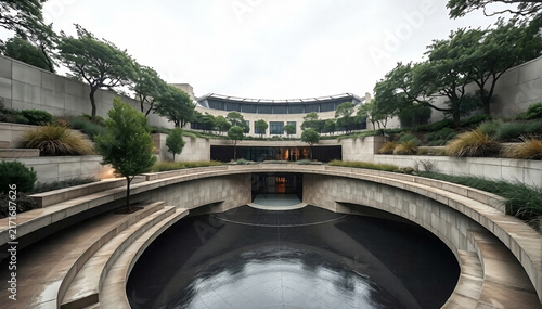 Sunken circular terraced stone courtyard with landscaped garden tiers and curved building facade