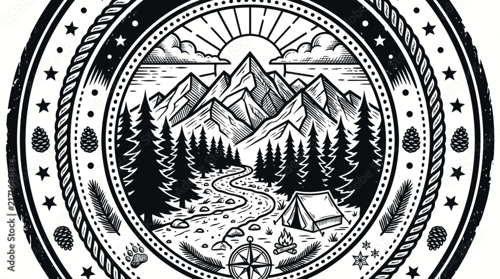 Naklejka premium Mountain Peak Badge Design with Camping Tent and Forest Landscape Illustration
