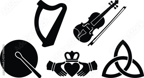 Black silhouette collection of traditional Irish cultural icons including harp, fiddle, bodhran drum, claddagh ring, and triquetra knot.