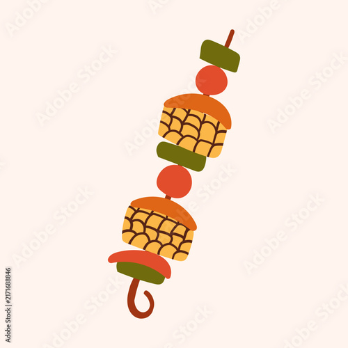 Delicious grilled vegetable food skewers on white background isolated Stock Vector . Delicious shish kebab isolated on white background for summer barbecue menu, food print, and picnic graphics .